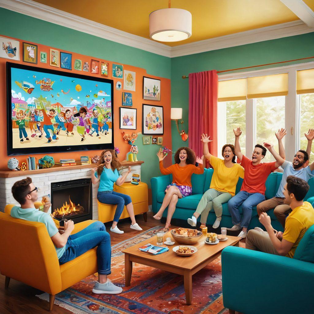 A whimsical scene featuring a diverse group of adults joyfully watching animated cartoons on a large screen, with colorful cartoon characters playfully dancing around them. The background depicts a cozy living room filled with laughter, snacks, and fun decor. Emphasize expressions of delight and camaraderie among the adults, enhancing the theme of adult laughter in animation. Bright and vibrant colors, cartoonish style, inviting atmosphere.